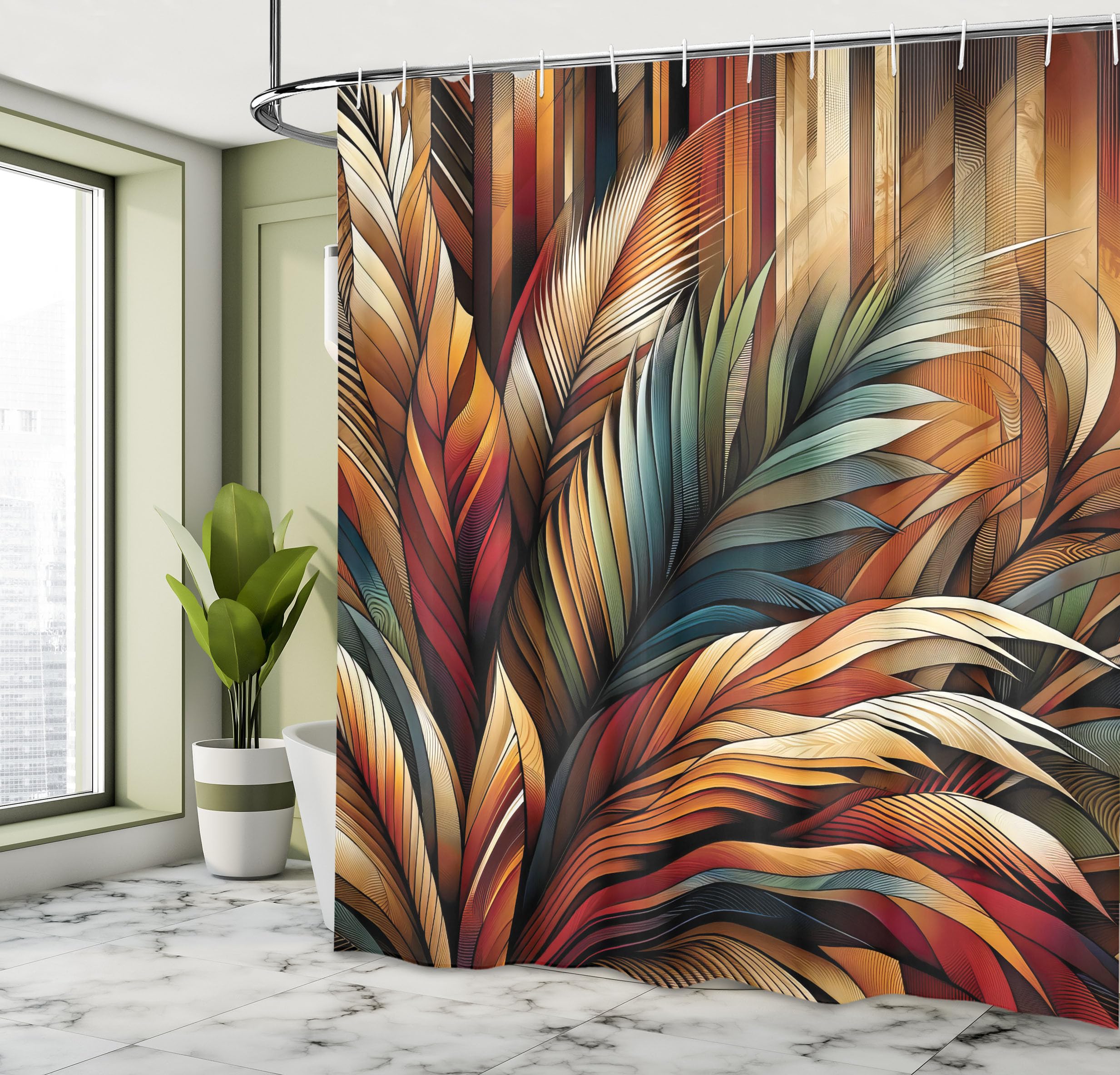 Ambesonne Aesthetic Shower Curtain, Boho Concept In Bold Exotic Leaves In Warm Tones On Rustic Back, Cloth Fabric Bathroom Decor